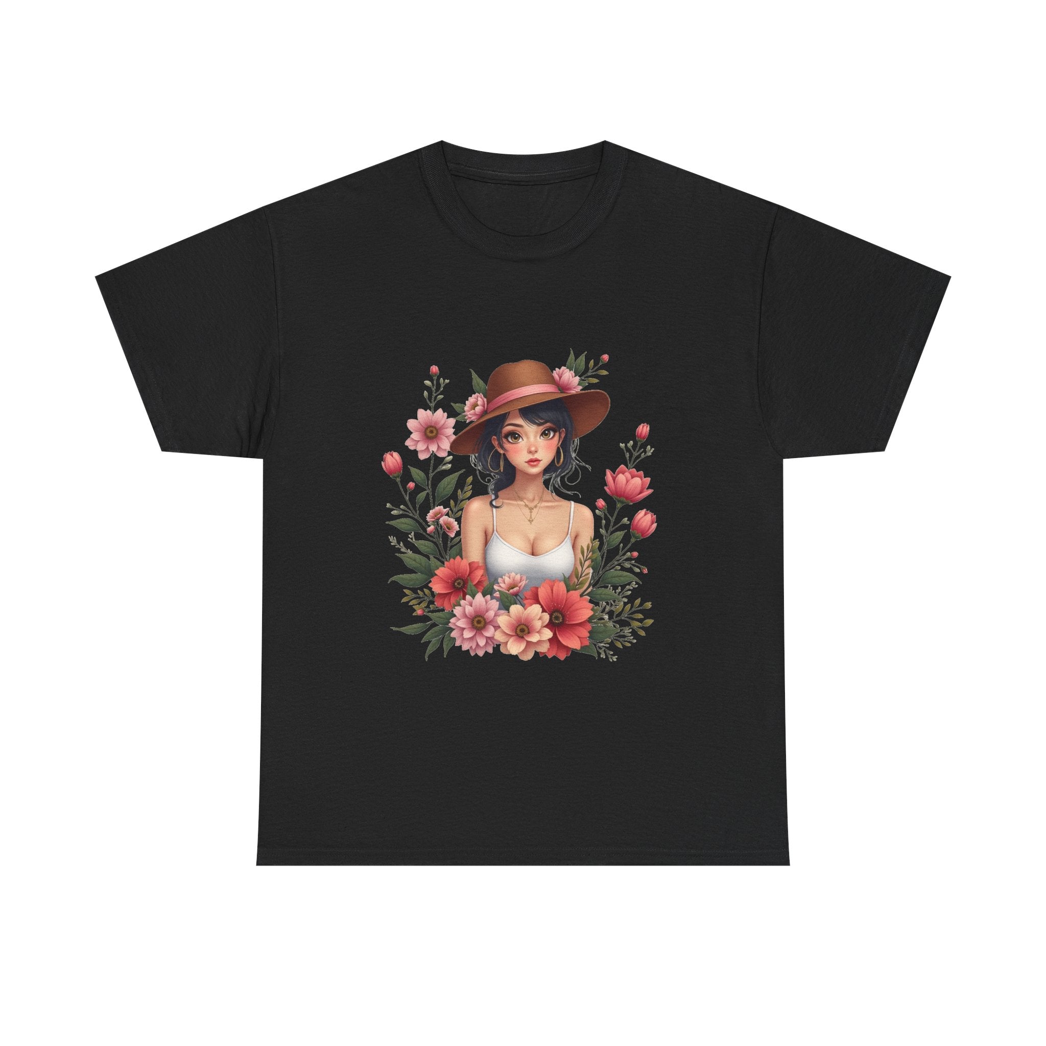 Floral Girl Illustration woman in hat surrounded by pink flowers T-Shirt