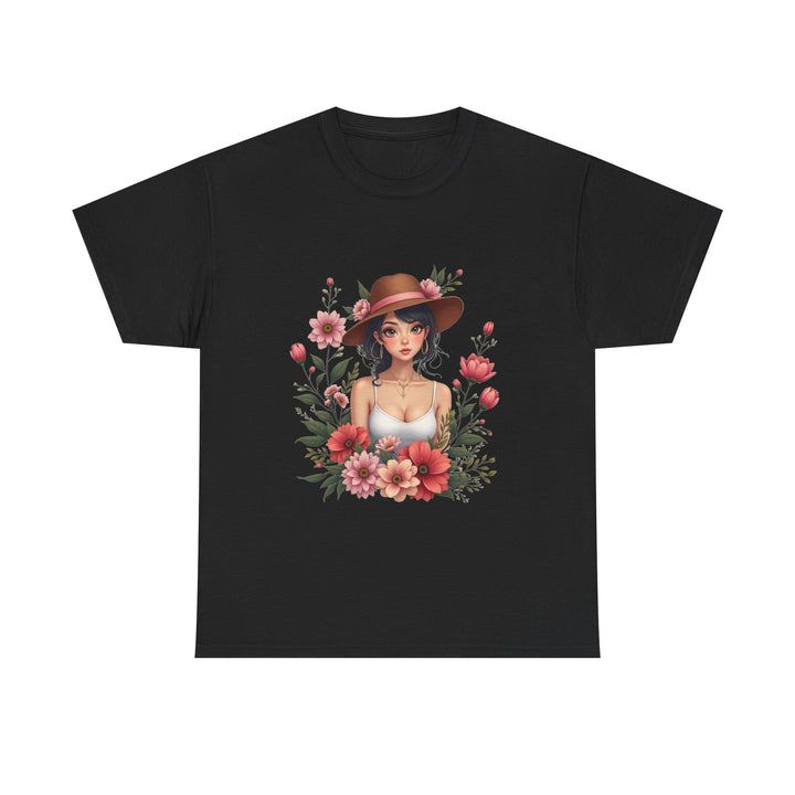 Floral Girl Illustration woman in hat surrounded by pink flowers T-Shirt