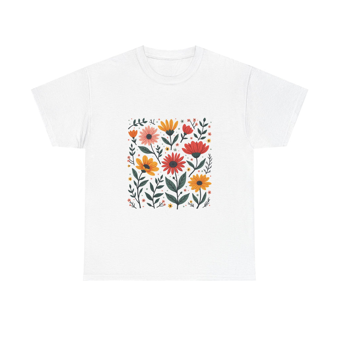 Floral Meadow Retro Orange & Pink Wildflower Graphic T-Shirt