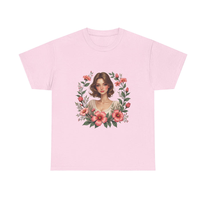 Vintage Floral Portrait Romantic Woman with Pink Blossoms T-Shirt