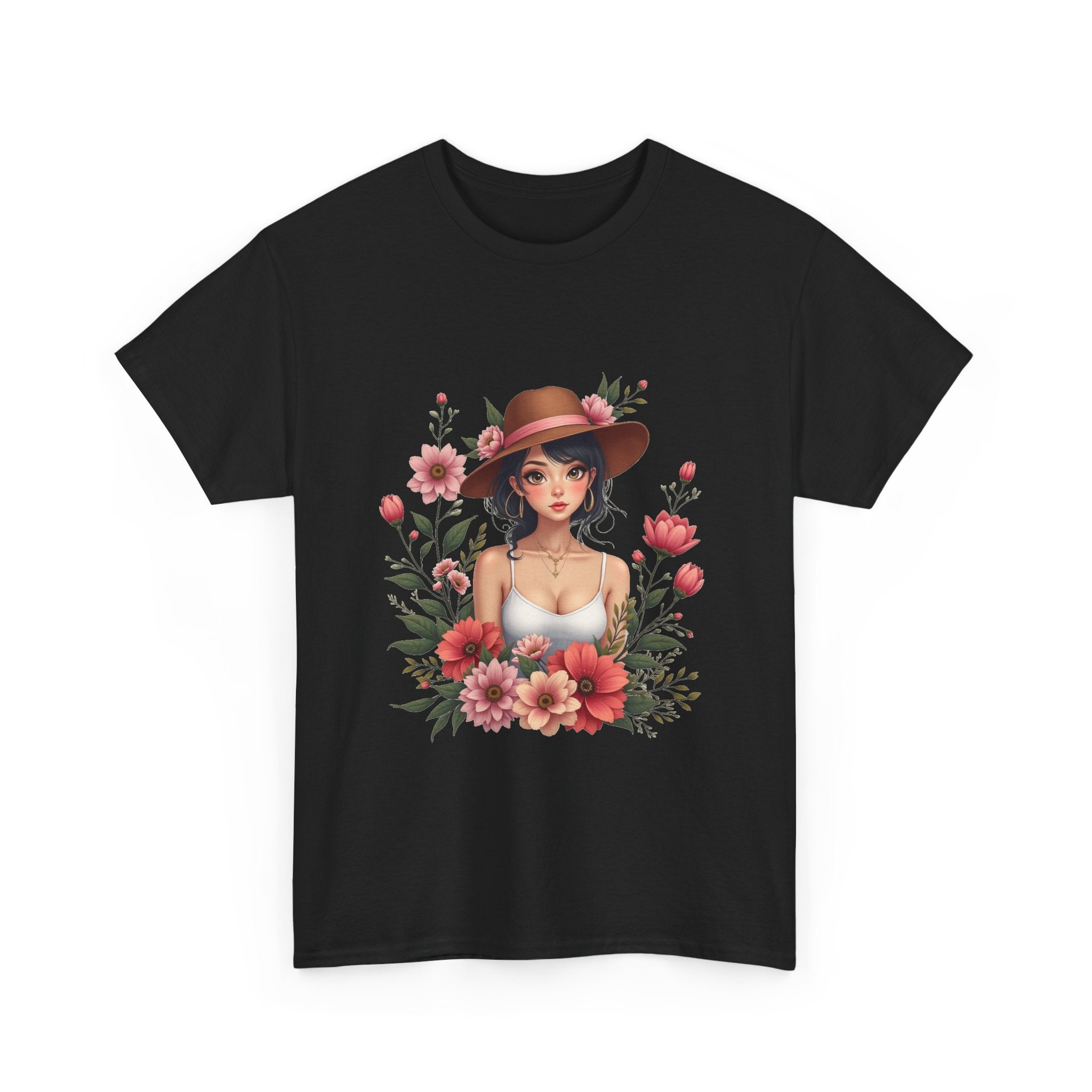 Floral Girl Illustration woman in hat surrounded by pink flowers T-Shirt