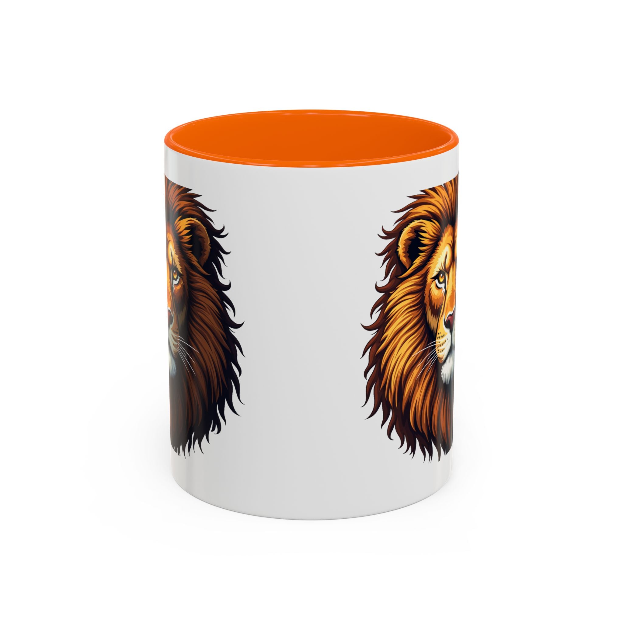 Bold Roaring Lion Face Illustration, Red  / Orange Handle & Interior Mug, 11/15oz
