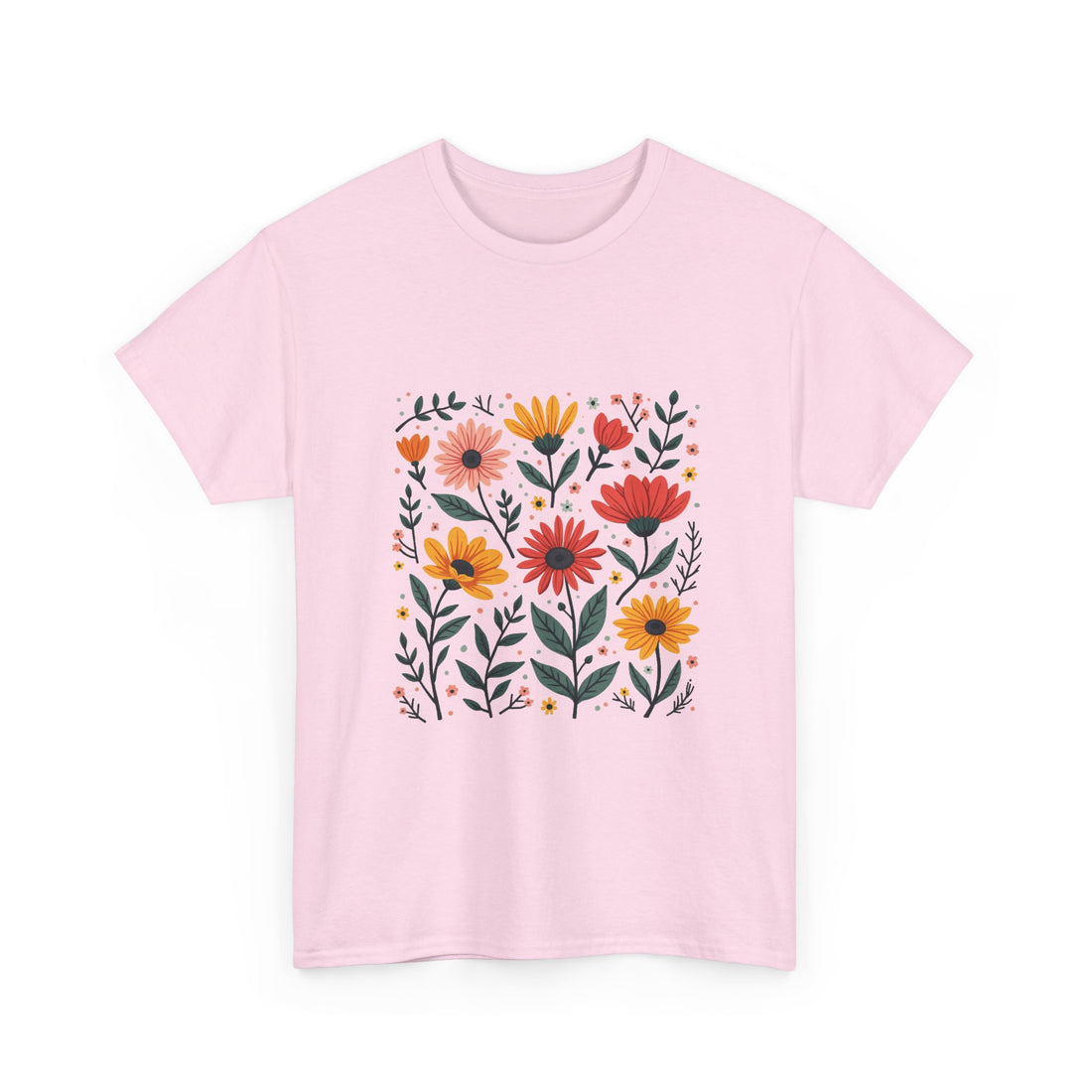 Floral Meadow Retro Orange & Pink Wildflower Graphic T-Shirt