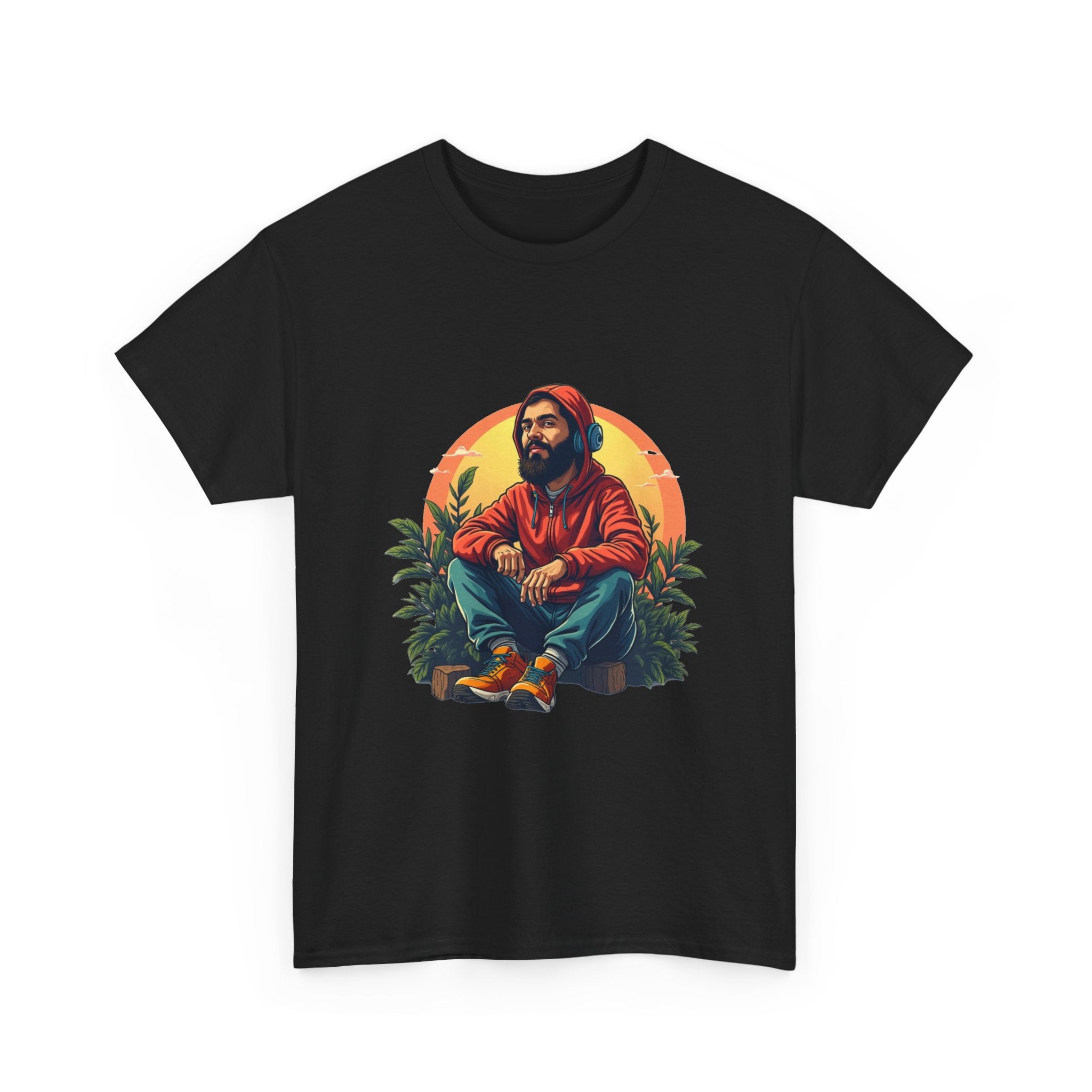 Retro Sunset Portrait T-Shirt (Bearded Man in Hoodie)