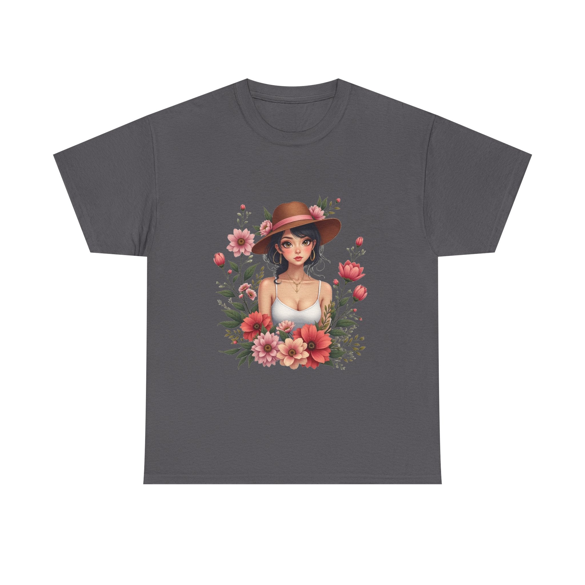 Floral Girl Illustration woman in hat surrounded by pink flowers T-Shirt
