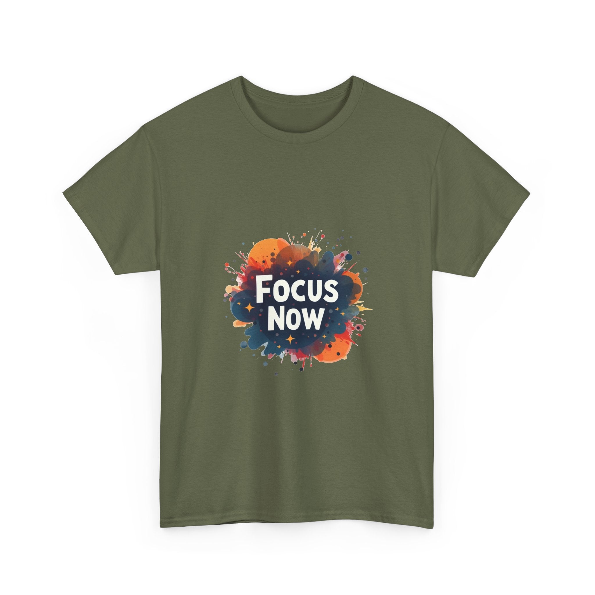 'Focus Now' Motivational Graphic T‑Shirt with Color Splash Design