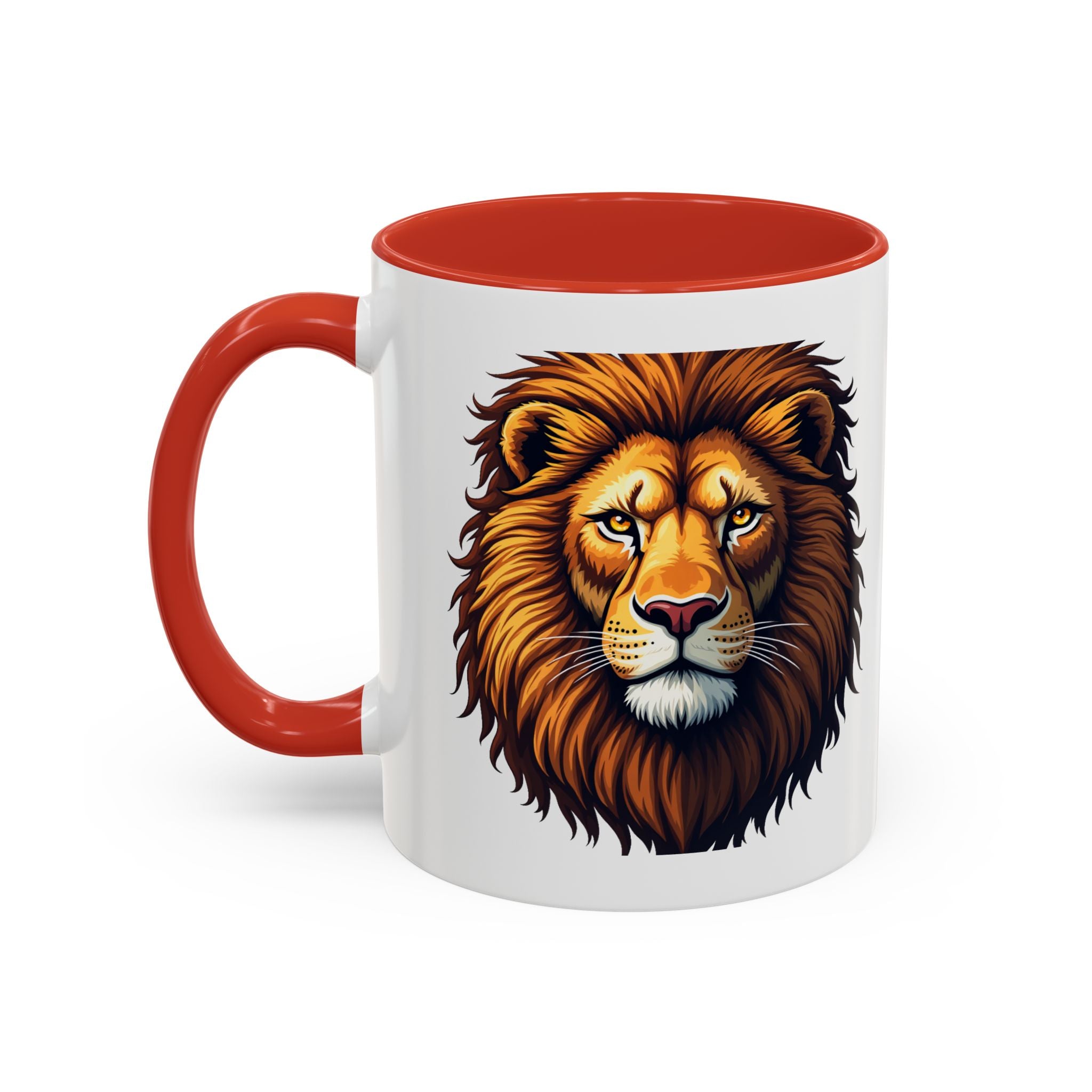 Bold Roaring Lion Face Illustration, Red  / Orange Handle & Interior Mug, 11/15oz