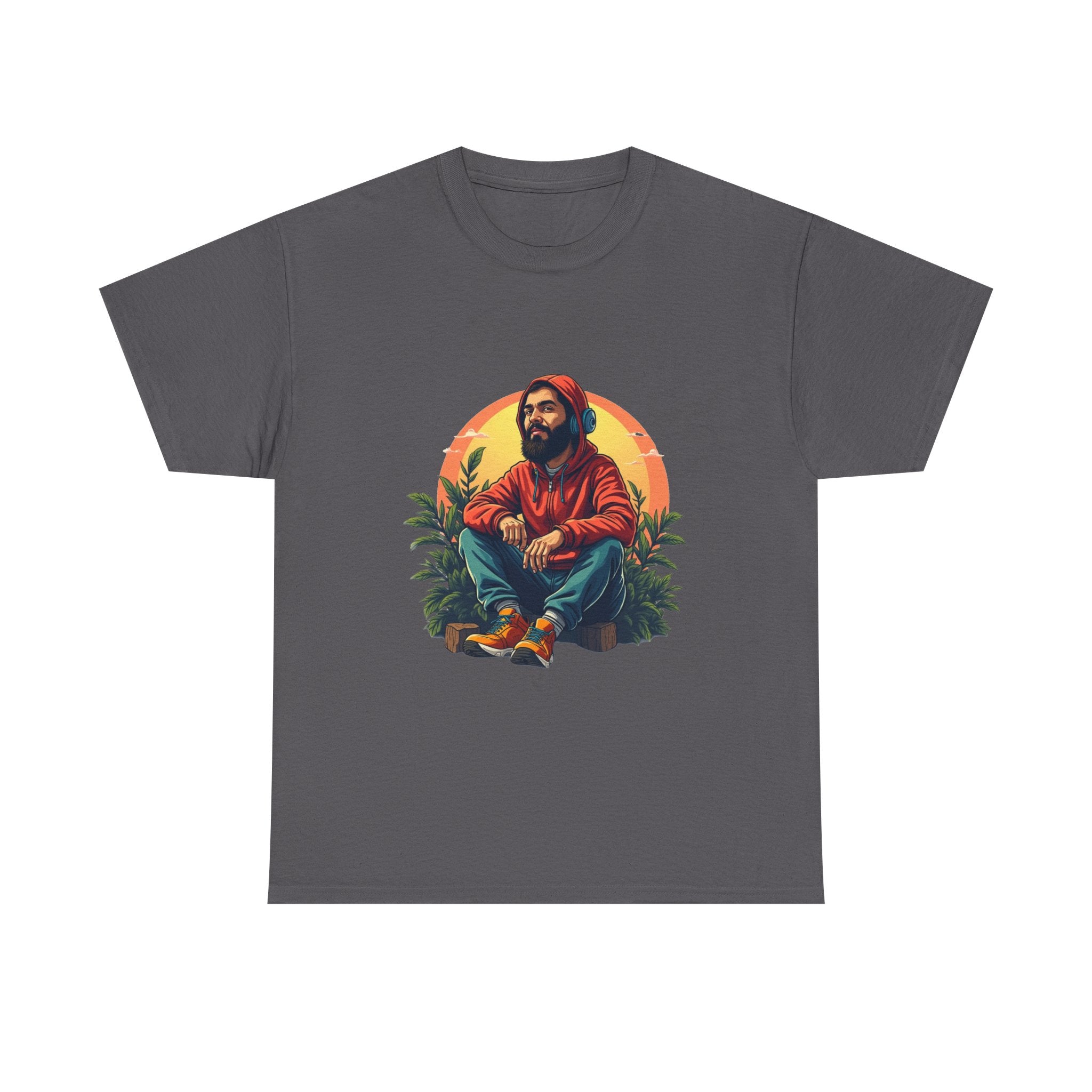 Retro Sunset Portrait T-Shirt (Bearded Man in Hoodie)