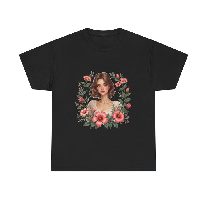 Vintage Floral Portrait Romantic Woman with Pink Blossoms T-Shirt