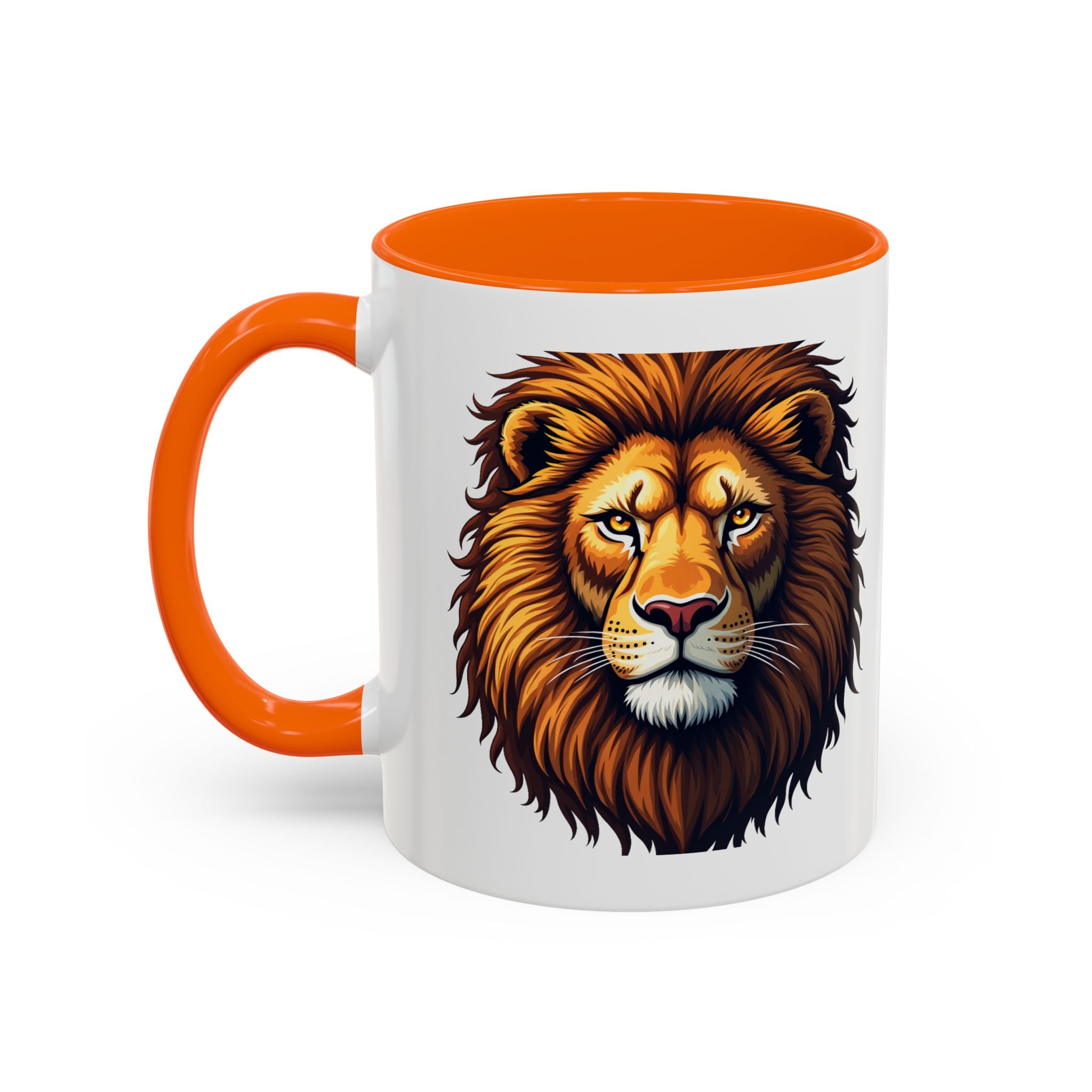 Bold Roaring Lion Face Illustration, Red  / Orange Handle & Interior Mug, 11/15oz