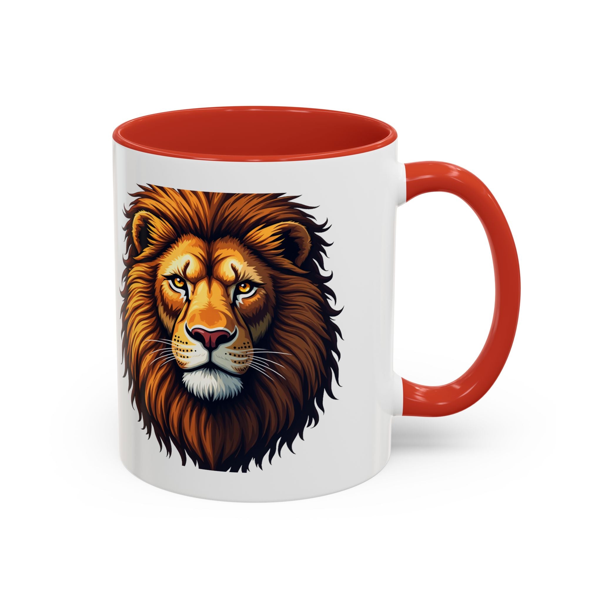 Bold Roaring Lion Face Illustration, Red  / Orange Handle & Interior Mug, 11/15oz
