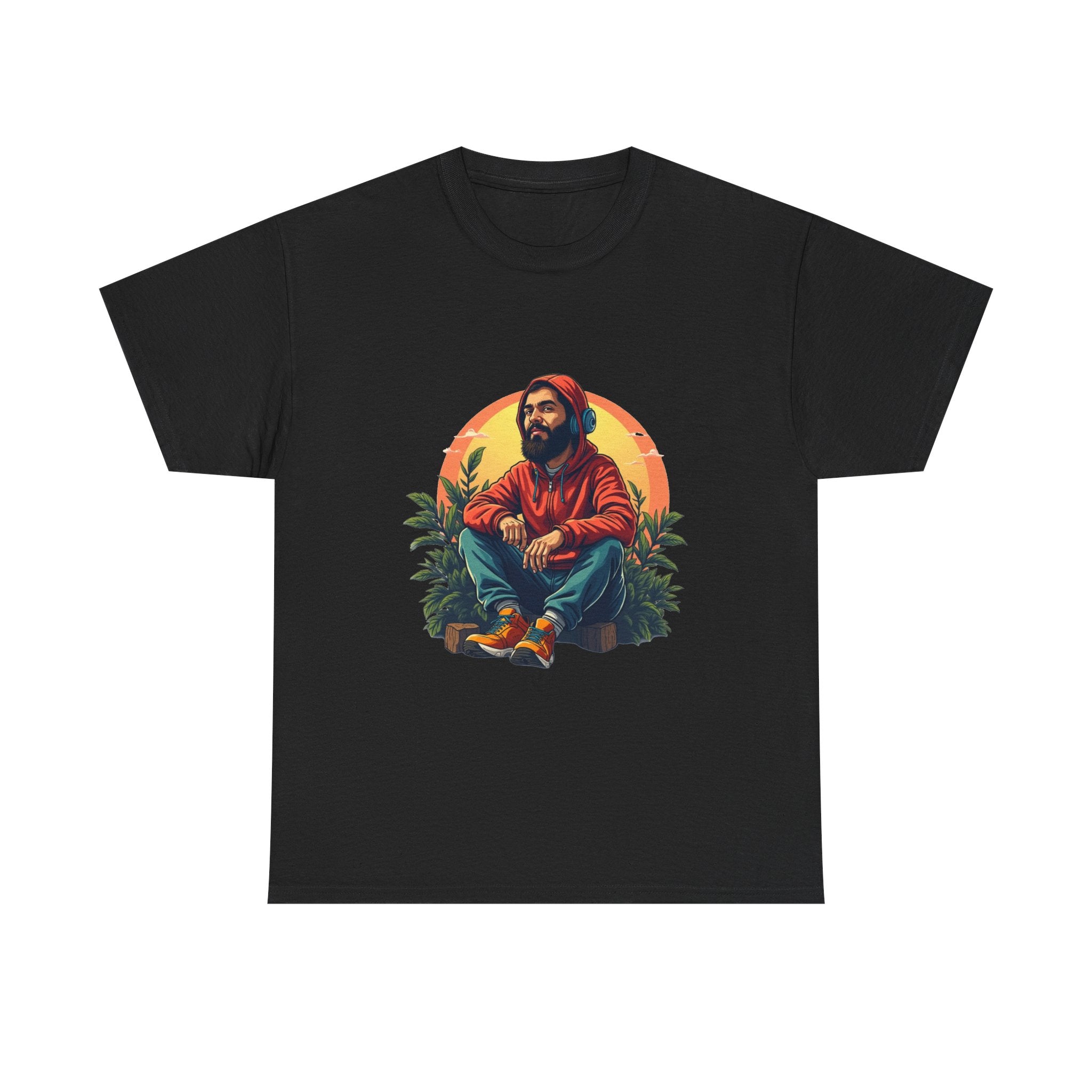 Retro Sunset Portrait T-Shirt (Bearded Man in Hoodie)