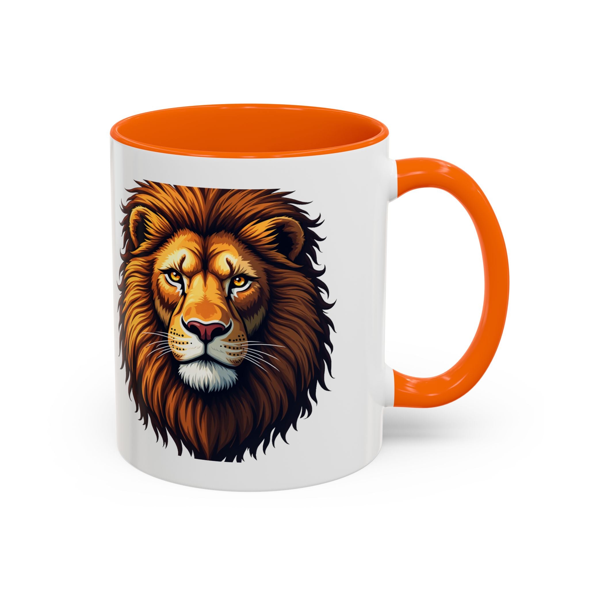 Bold Roaring Lion Face Illustration, Red  / Orange Handle & Interior Mug, 11/15oz