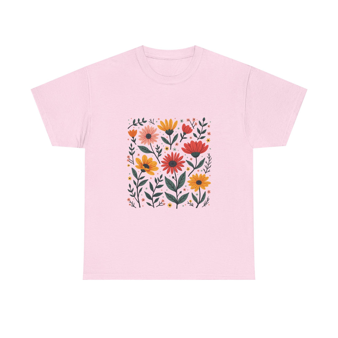 Floral Meadow Retro Orange & Pink Wildflower Graphic T-Shirt