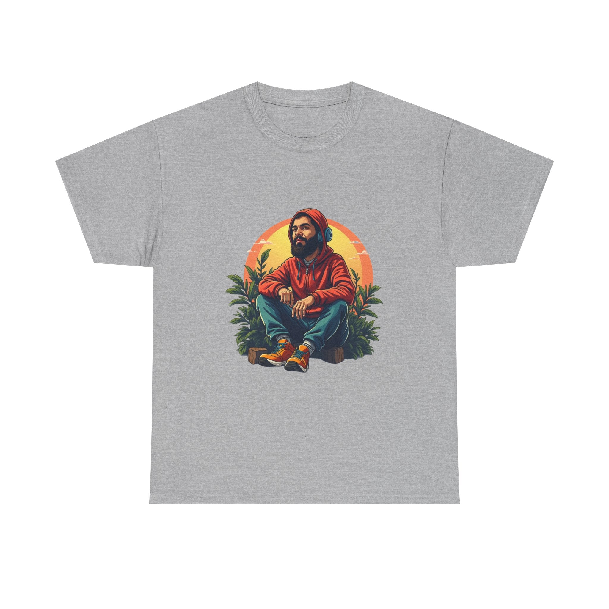Retro Sunset Portrait T-Shirt (Bearded Man in Hoodie)