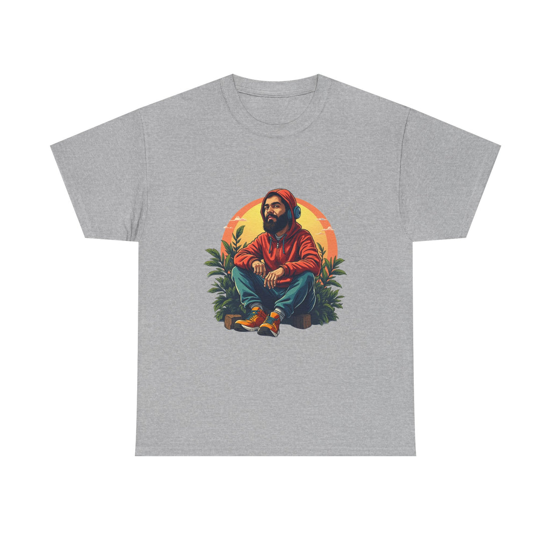 Retro Sunset Portrait T-Shirt (Bearded Man in Hoodie)