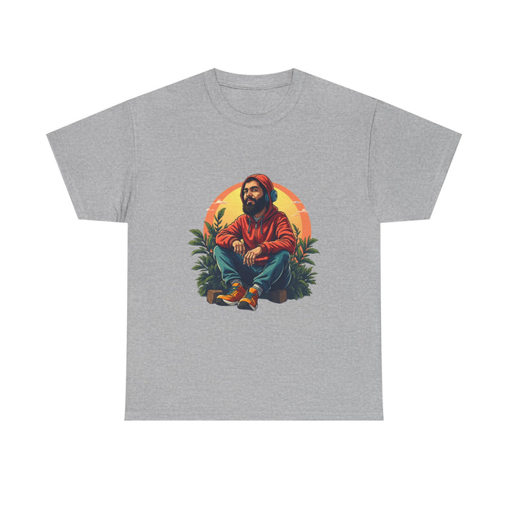 Retro Sunset Portrait T-Shirt (Bearded Man in Hoodie)