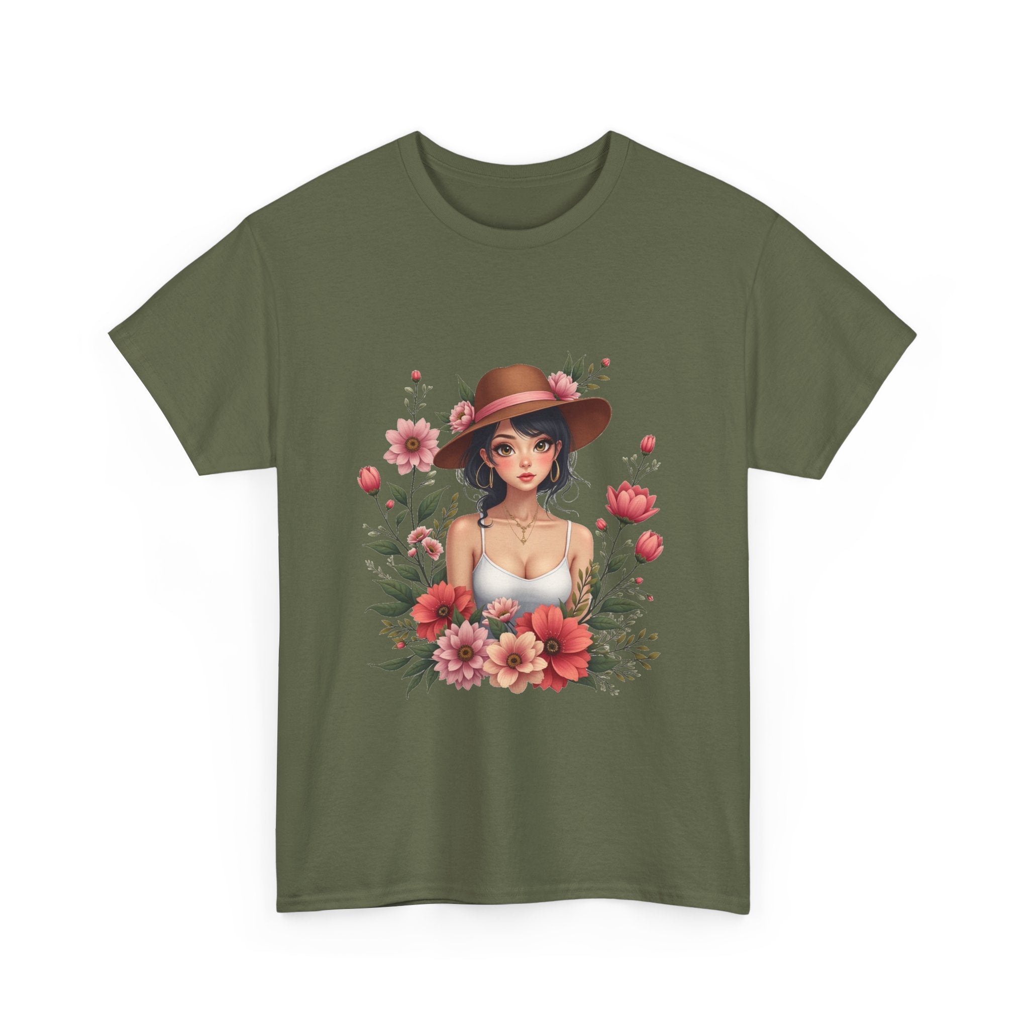 Floral Girl Illustration woman in hat surrounded by pink flowers T-Shirt