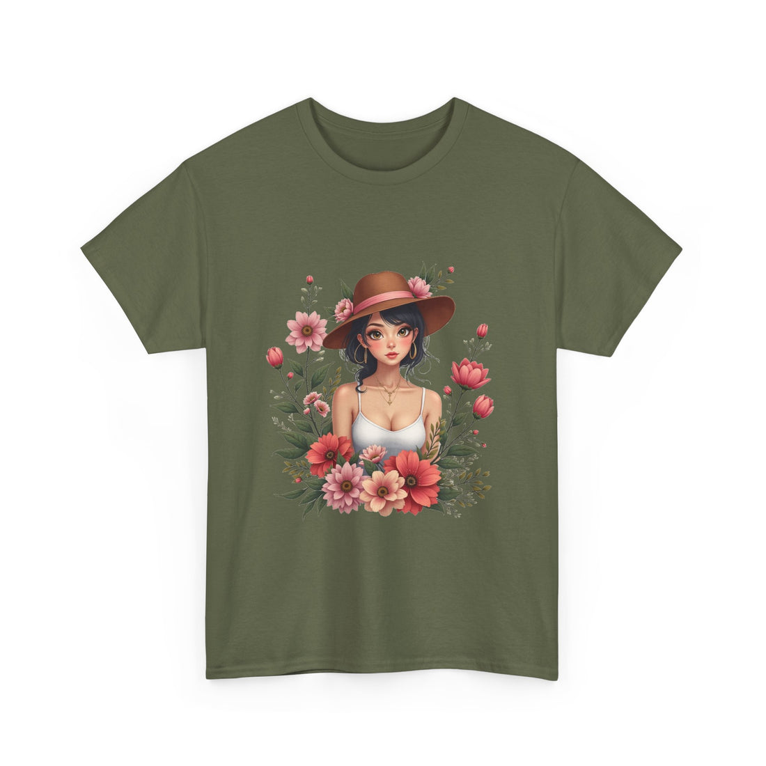 Floral Girl Illustration woman in hat surrounded by pink flowers T-Shirt