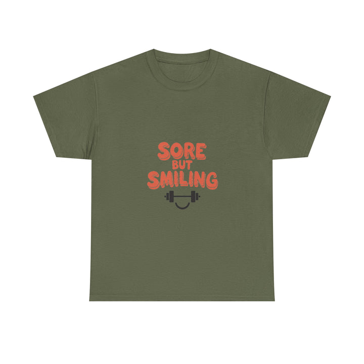 'Sore But Smiling' Workout Fitness Gym T‑Shirt with Barbell Graphic