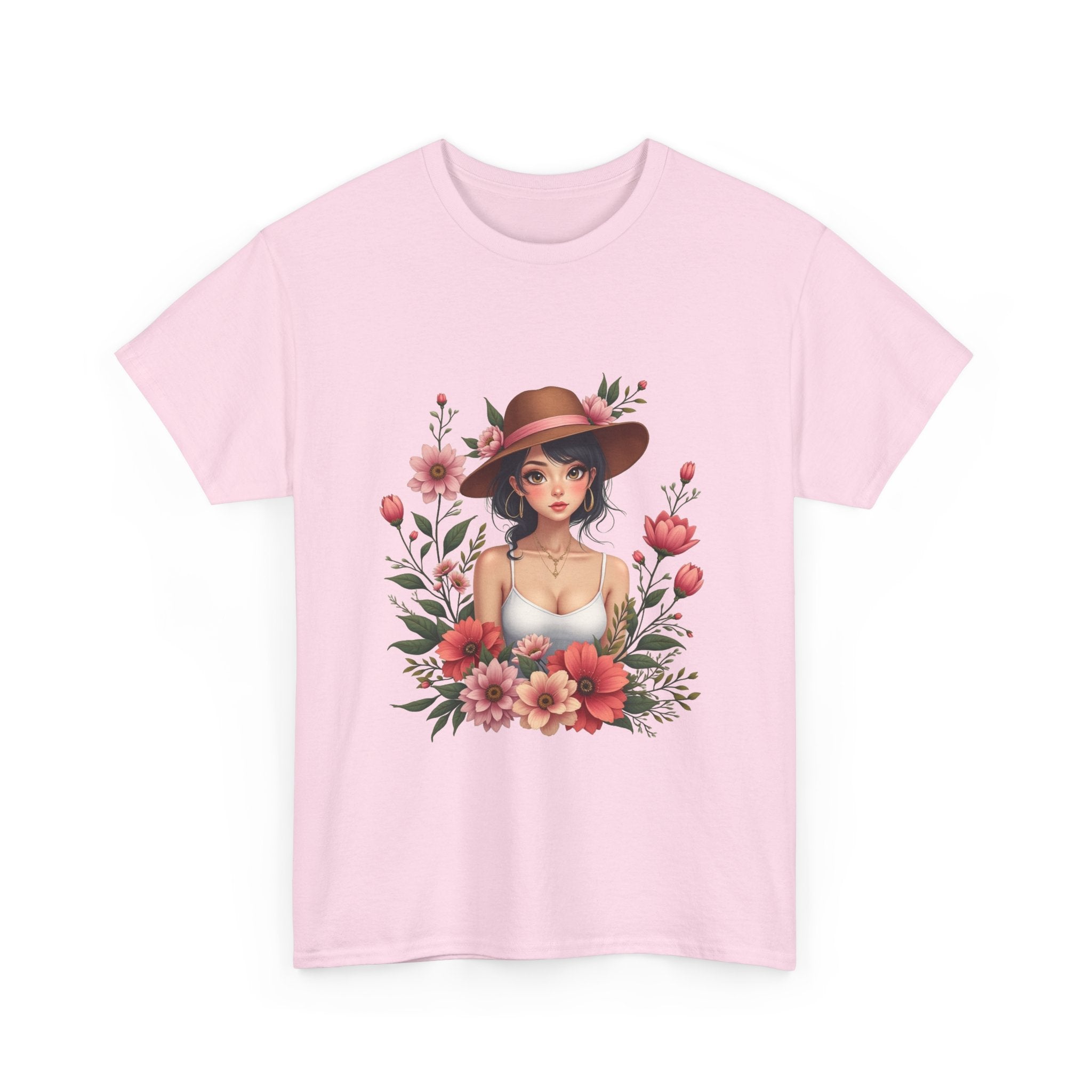 Floral Girl Illustration woman in hat surrounded by pink flowers T-Shirt