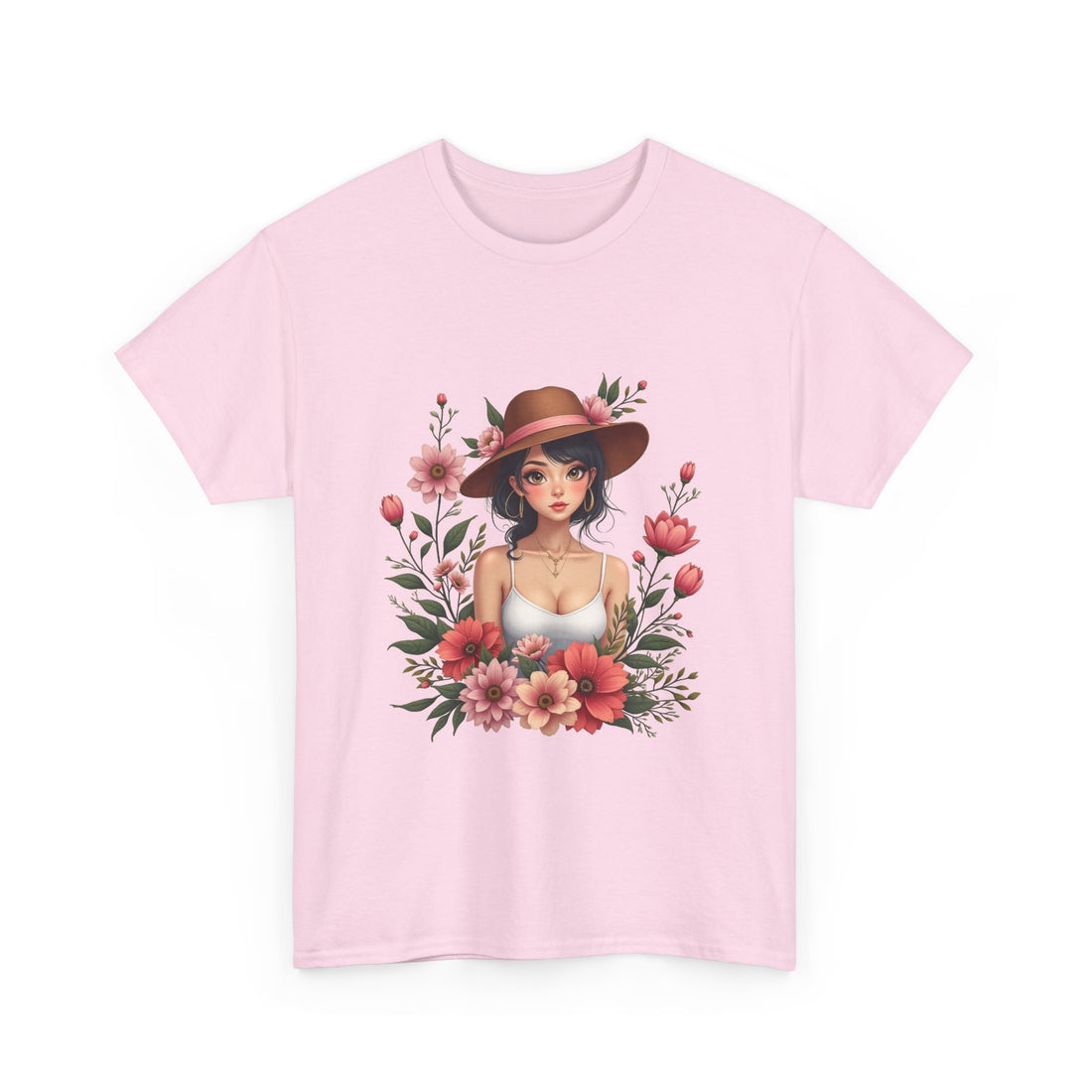 Floral Girl Illustration woman in hat surrounded by pink flowers T-Shirt