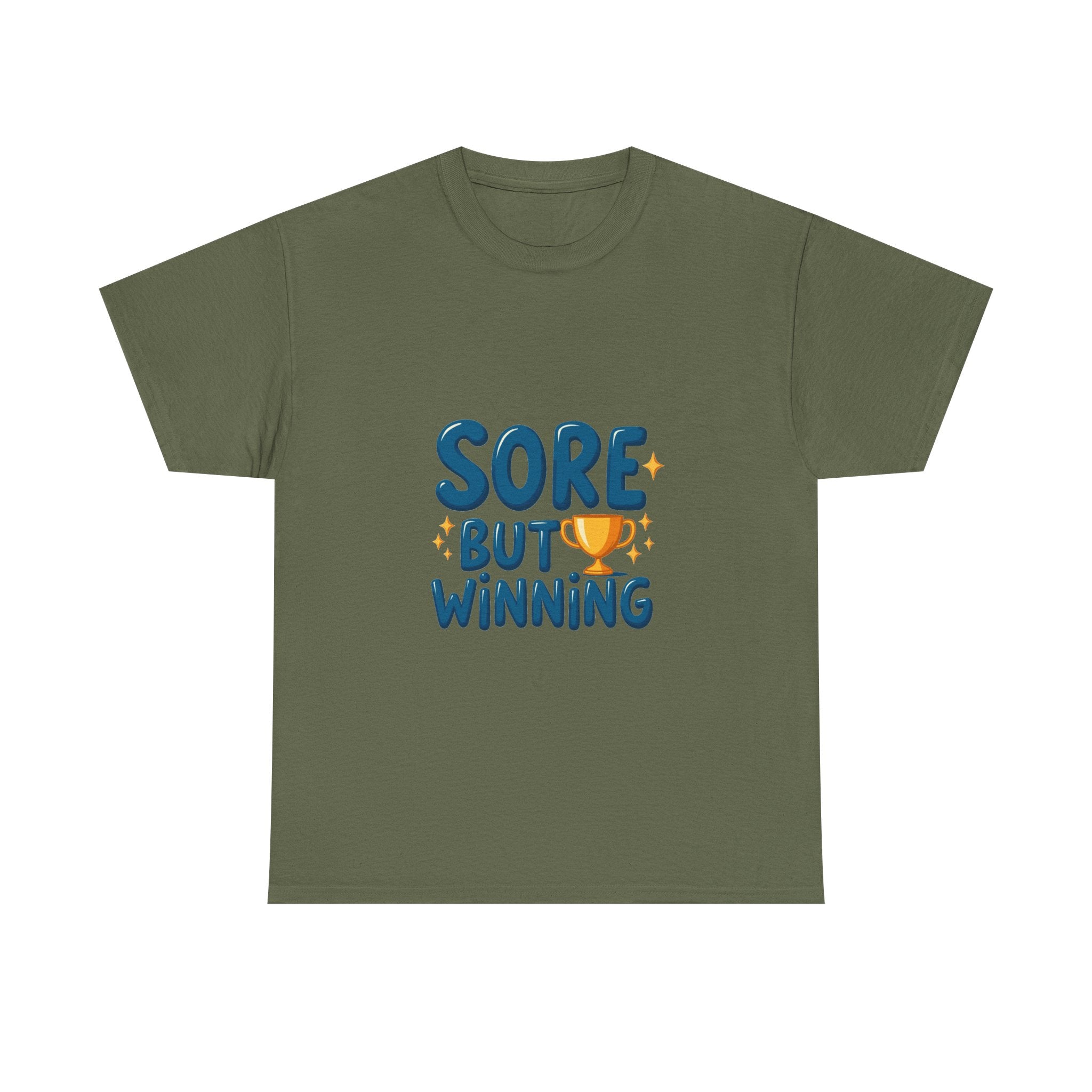'Sore But Winning' Motivational Gym T-Shirt with Trophy Graphic