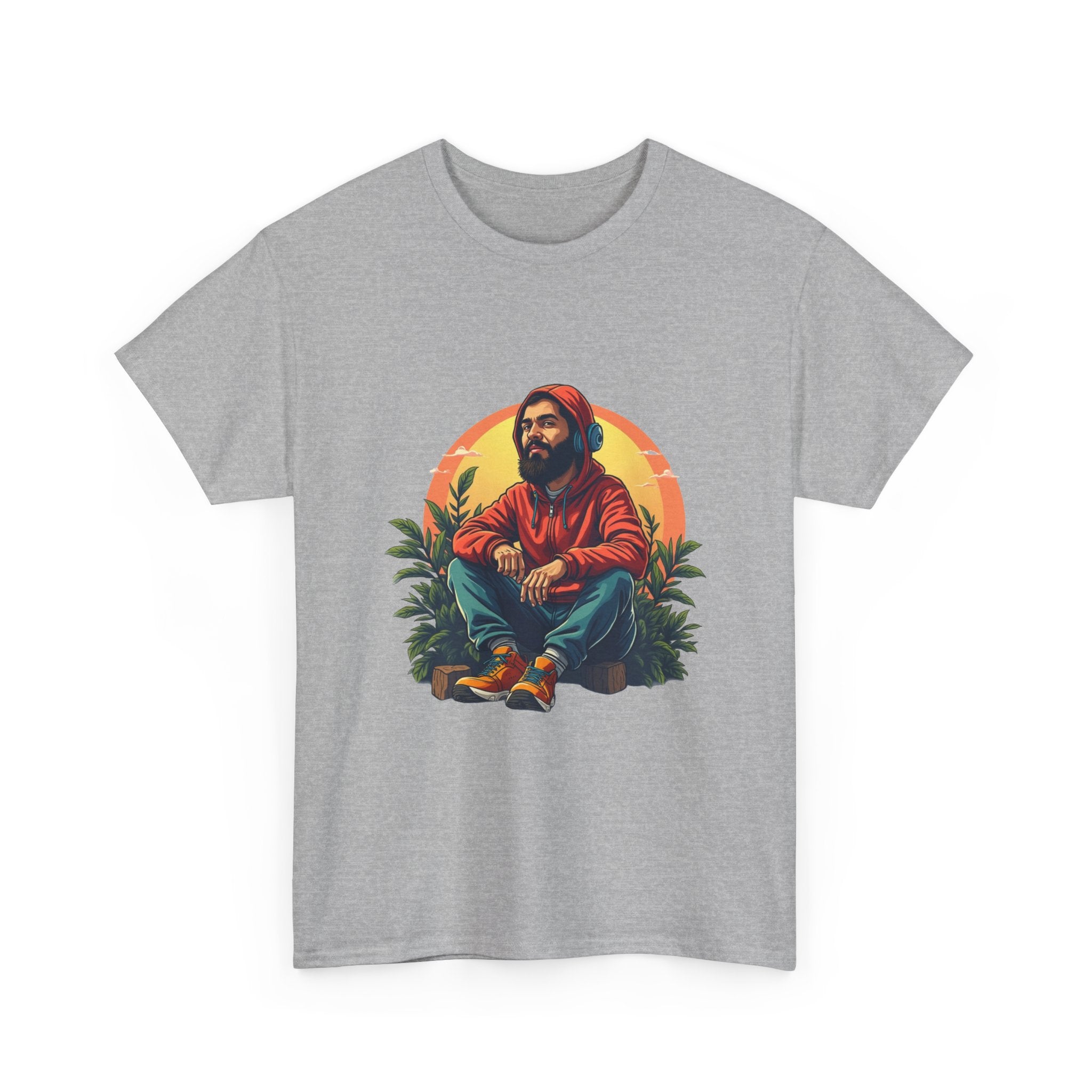Retro Sunset Portrait T-Shirt (Bearded Man in Hoodie)