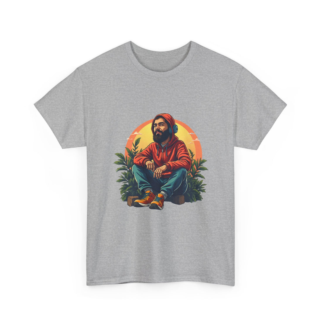Retro Sunset Portrait T-Shirt (Bearded Man in Hoodie)
