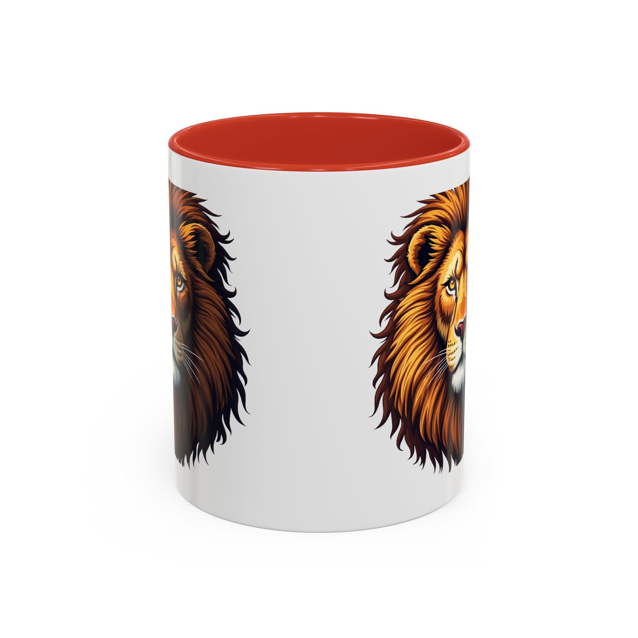 Bold Roaring Lion Face Illustration, Red  / Orange Handle & Interior Mug, 11/15oz