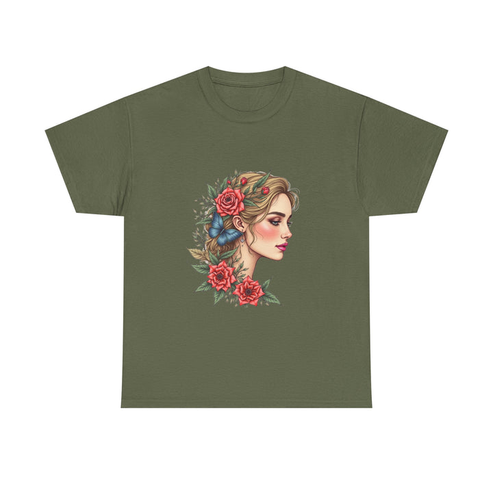 Floral Portrait Vintage Woman with Roses Graphic T‑Shirt