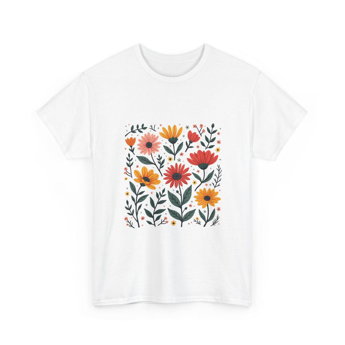 Floral Meadow Retro Orange & Pink Wildflower Graphic T-Shirt