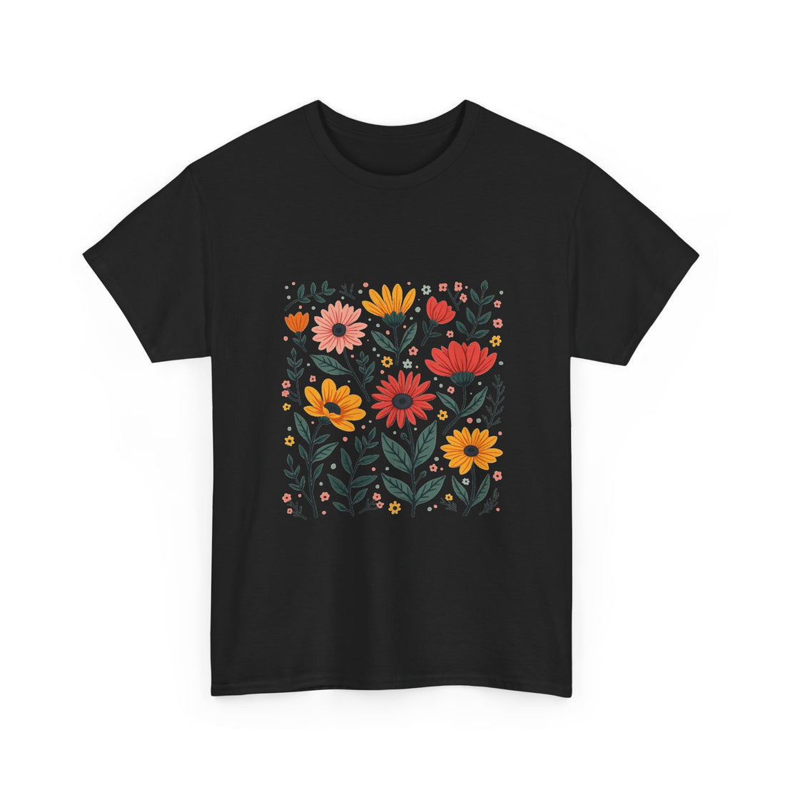 Floral Meadow Retro Orange & Pink Wildflower Graphic T-Shirt