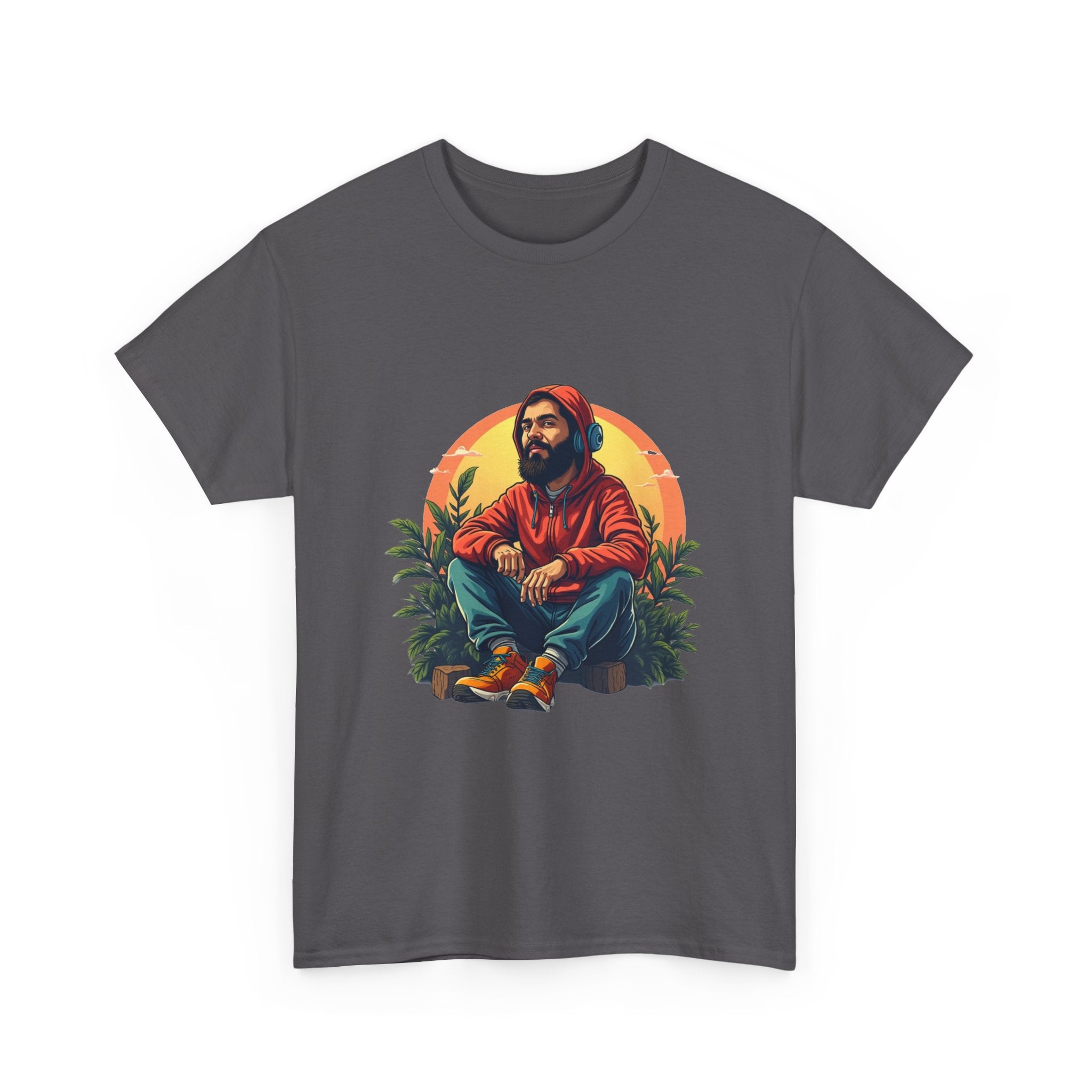 Retro Sunset Portrait T-Shirt (Bearded Man in Hoodie)