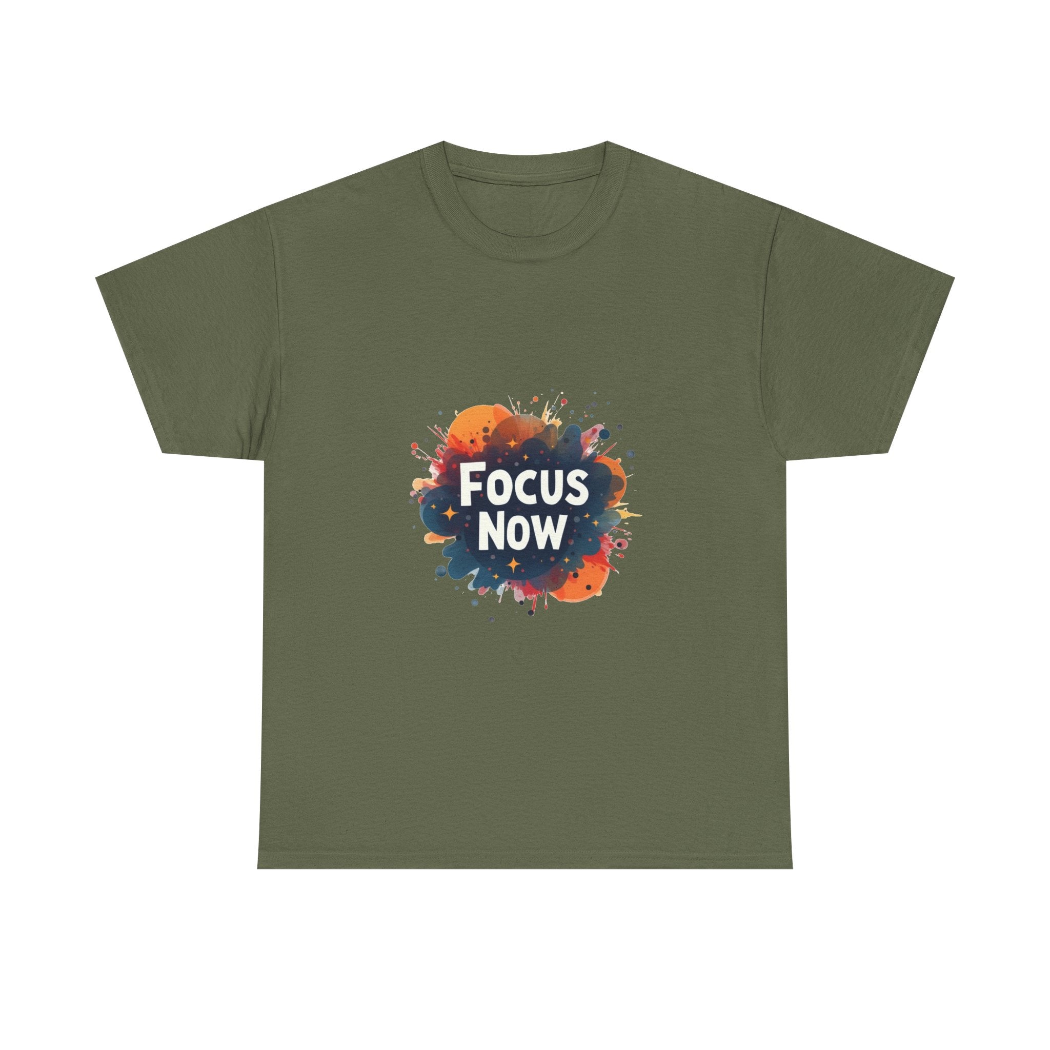 'Focus Now' Motivational Graphic T‑Shirt with Color Splash Design