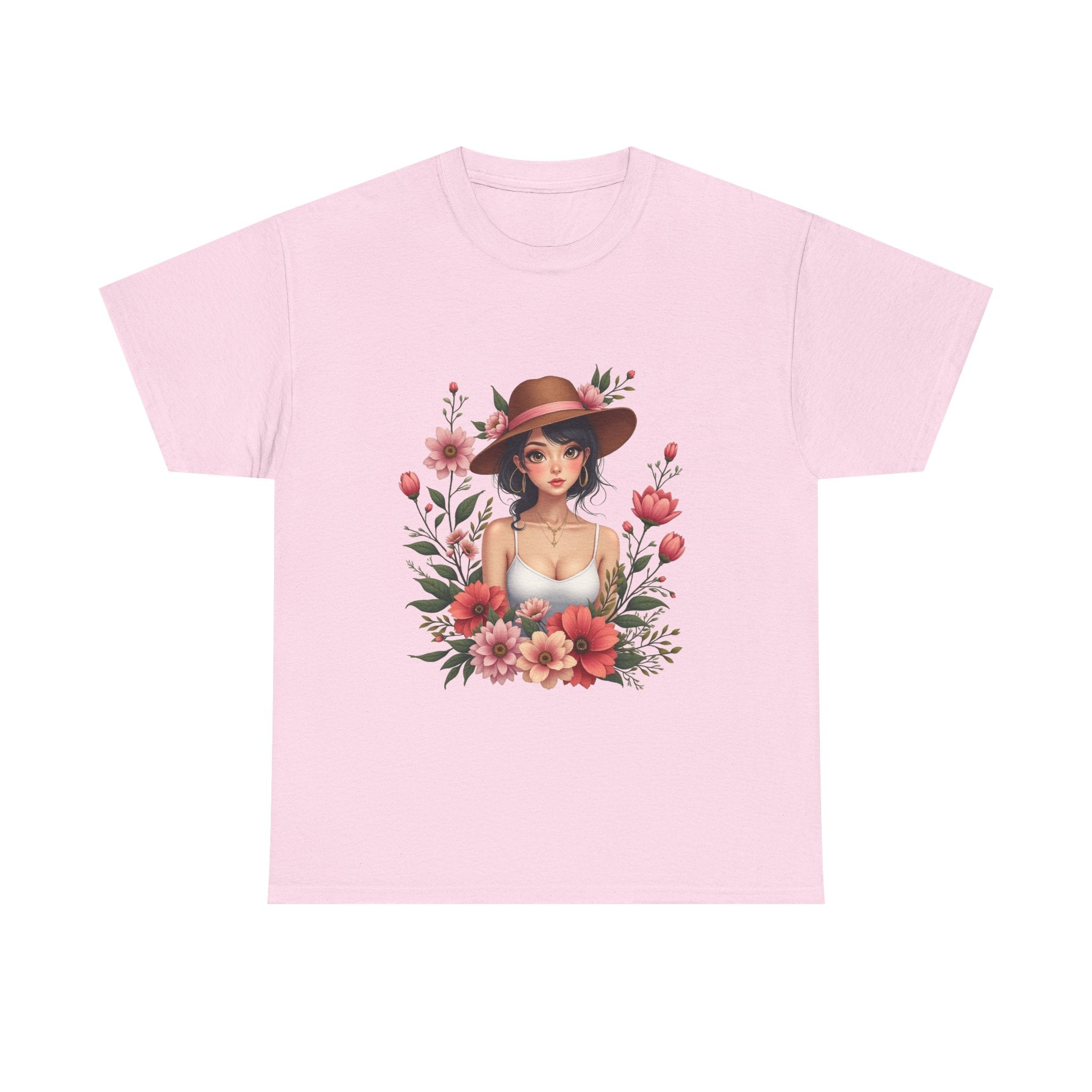 Floral Girl Illustration woman in hat surrounded by pink flowers T-Shirt