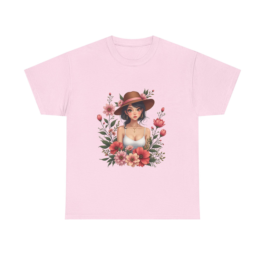 Floral Girl Illustration woman in hat surrounded by pink flowers T-Shirt