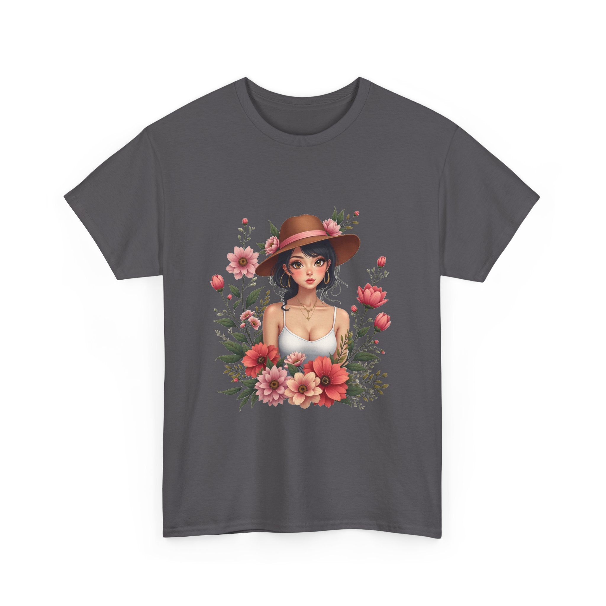 Floral Girl Illustration woman in hat surrounded by pink flowers T-Shirt
