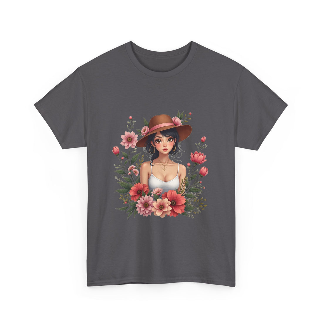 Floral Girl Illustration woman in hat surrounded by pink flowers T-Shirt