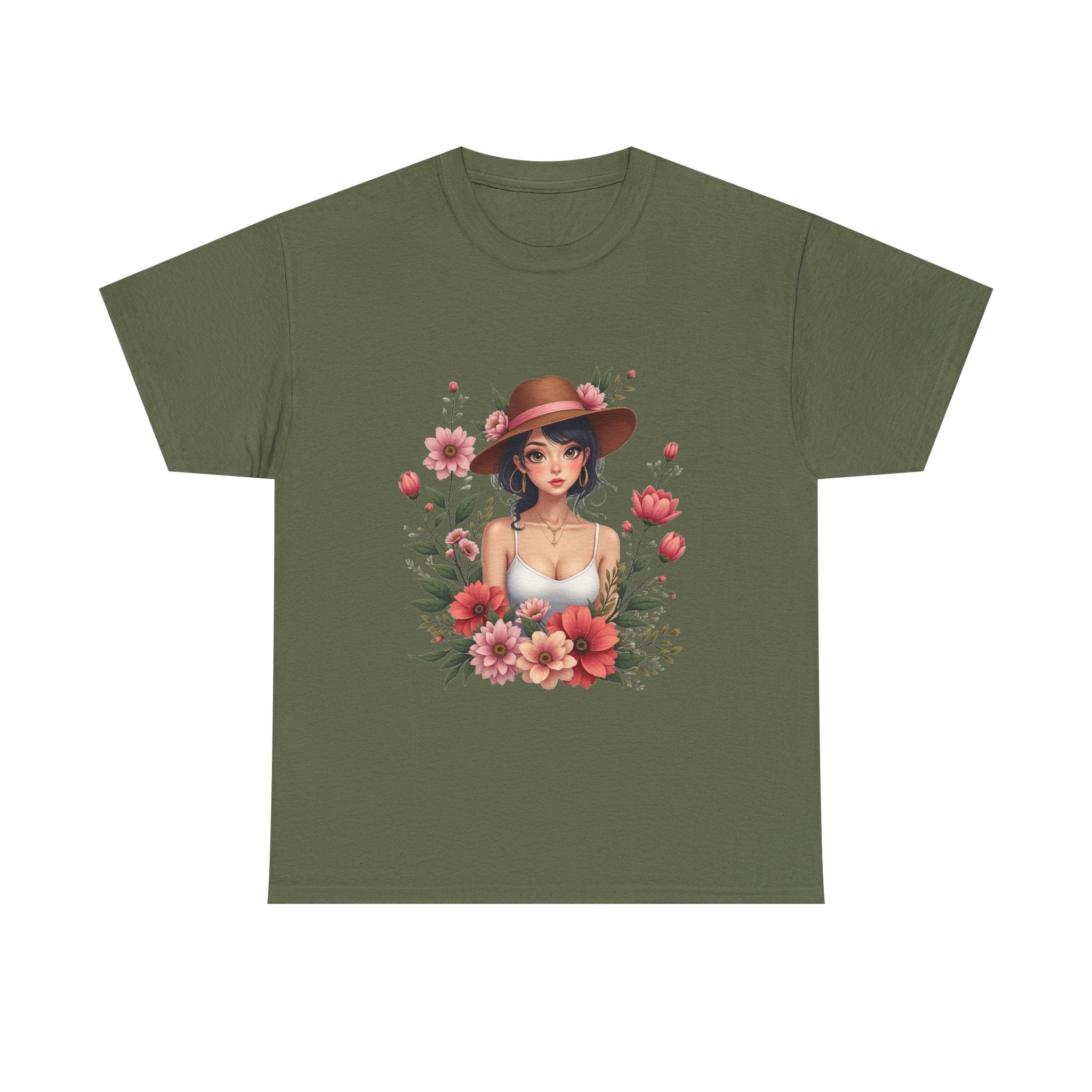 Floral Girl Illustration woman in hat surrounded by pink flowers T-Shirt