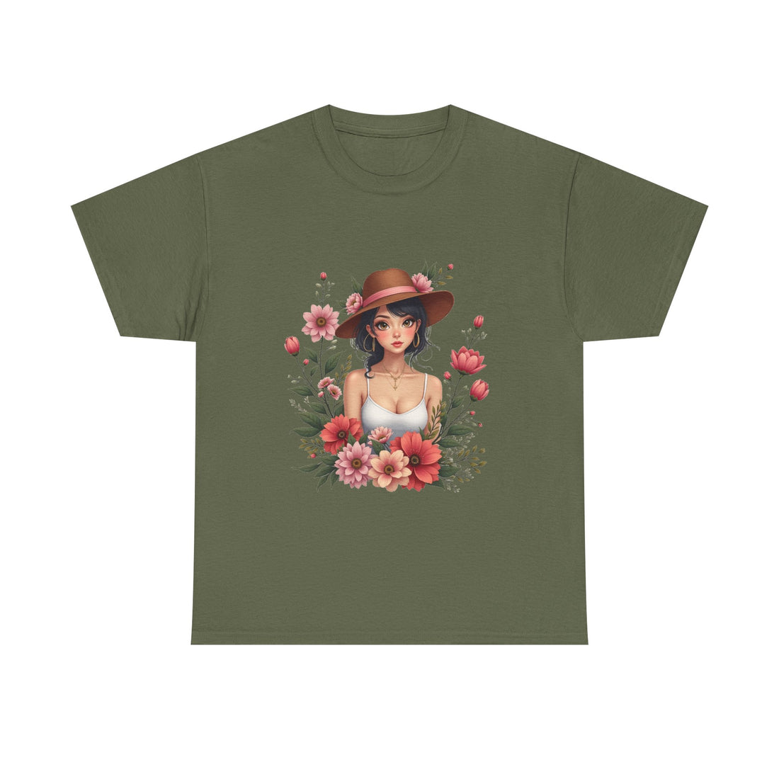 Floral Girl Illustration woman in hat surrounded by pink flowers T-Shirt