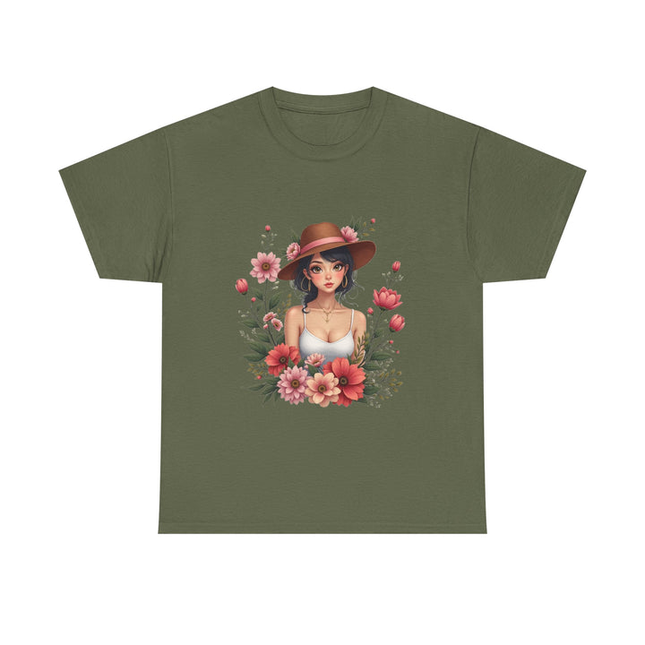 Floral Girl Illustration woman in hat surrounded by pink flowers T-Shirt