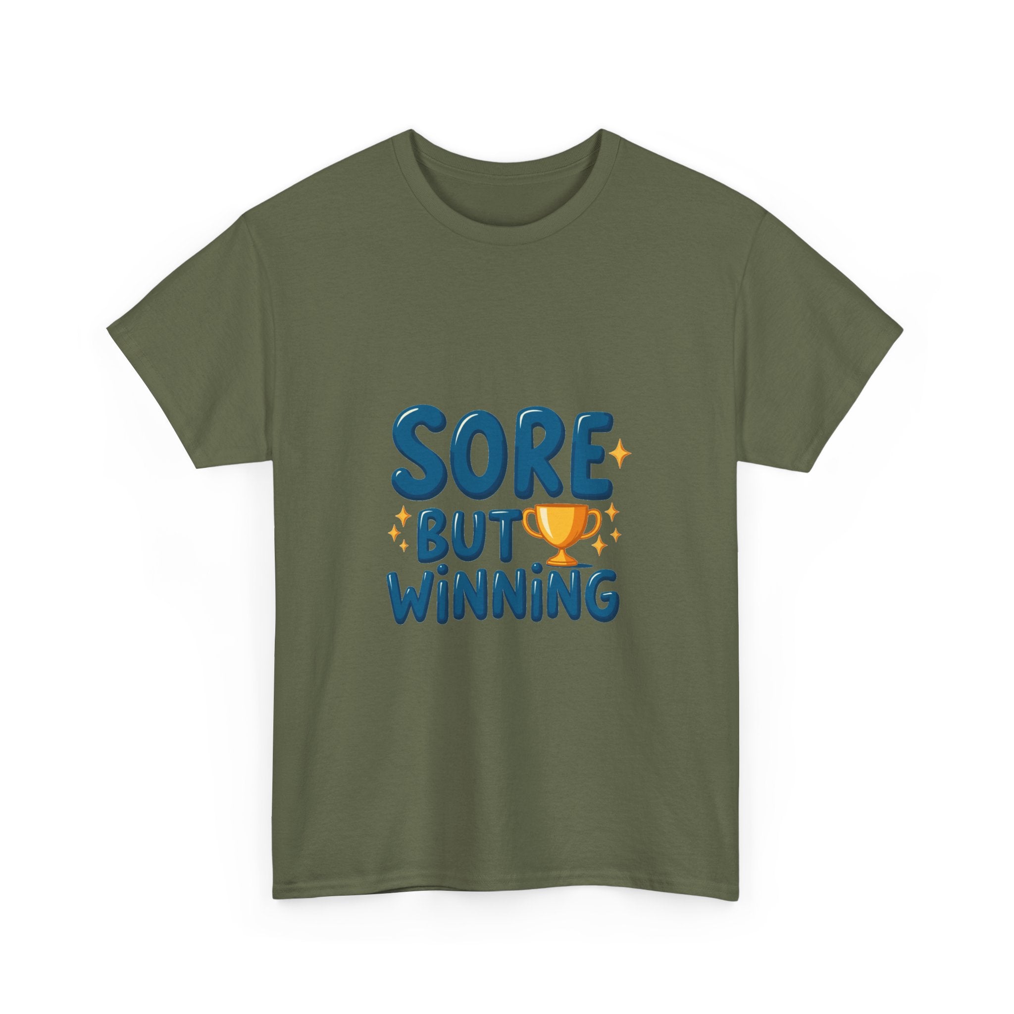 'Sore But Winning' Motivational Gym T-Shirt with Trophy Graphic